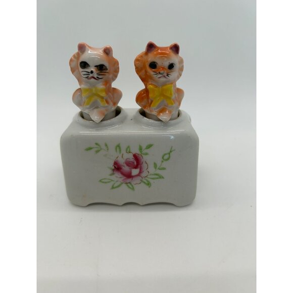 Vintage Ceramic Cat Salt & Pepper Shakers Nodders Floral Base Orange & White - Picture 7 of 16
